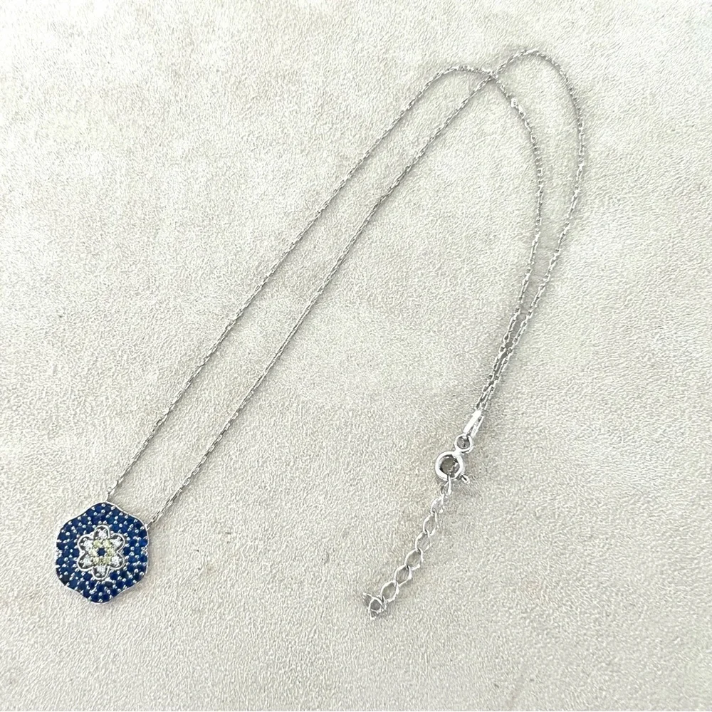 FLOWER Dainty 925 Sterling Silver Blue Clear Rhinestone Adjustable Necklace - Picture 6 of 9